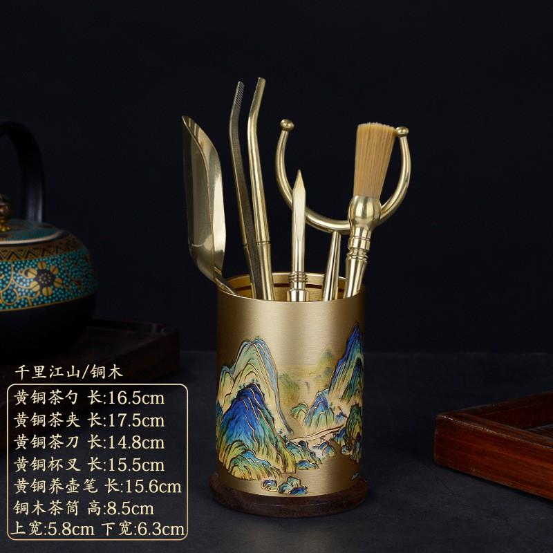 Brass Tea Ceremony Six Tools Set With Ebony Wood Handle Teaspoon Tongs Scoop Needle Pick Holder