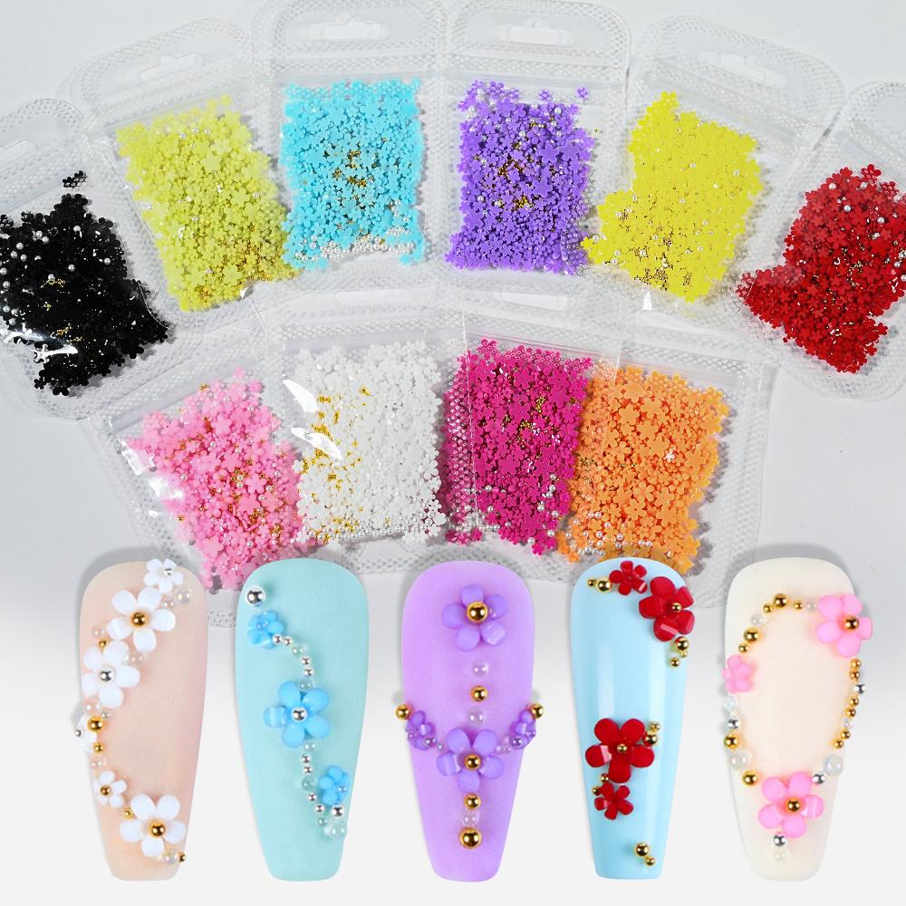 3D White Acrylic Flower Nail Art Decorations Mix Gold/Peal Beads 5G/Bag Resin Blossom Flower Nail Charms 4/6Mm Nail Accessories