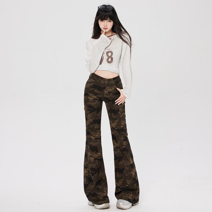 Camouflage low-rise elastic micro-pull jeans women's new loose and thin straight tube without legs, horn mopping pants
