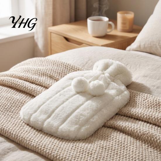 Period Pain Relief Hot Water Bag 2L Bottle with Plush Cover, Pompom Drawstring Bag, Winter Warm for Hands, Feet, Stomach Portable