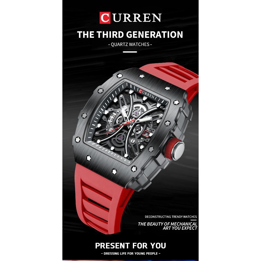Curren 8438 Роскошные Мужские Кварцевые Наручные Часы с Силиконовым Ремешком, Водонепроницаемые, Квадратные, Спортивные, С Функцией Календаря