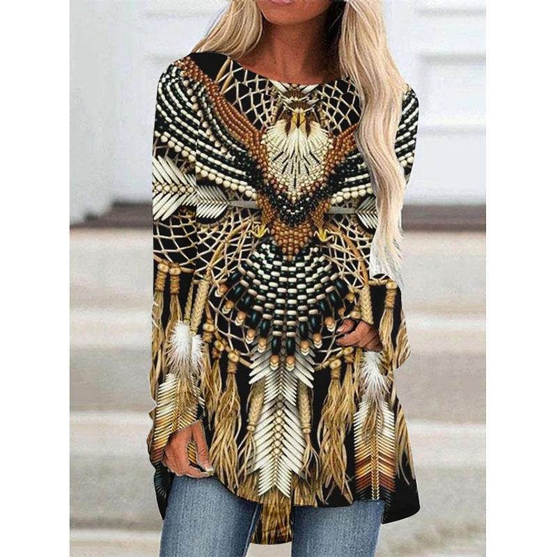 Футболки с длинным рукавом с принтом Western Aztec Ethnic 3D, богемные женские винтажные модные футболки, свободные уличные женские футболки, топы