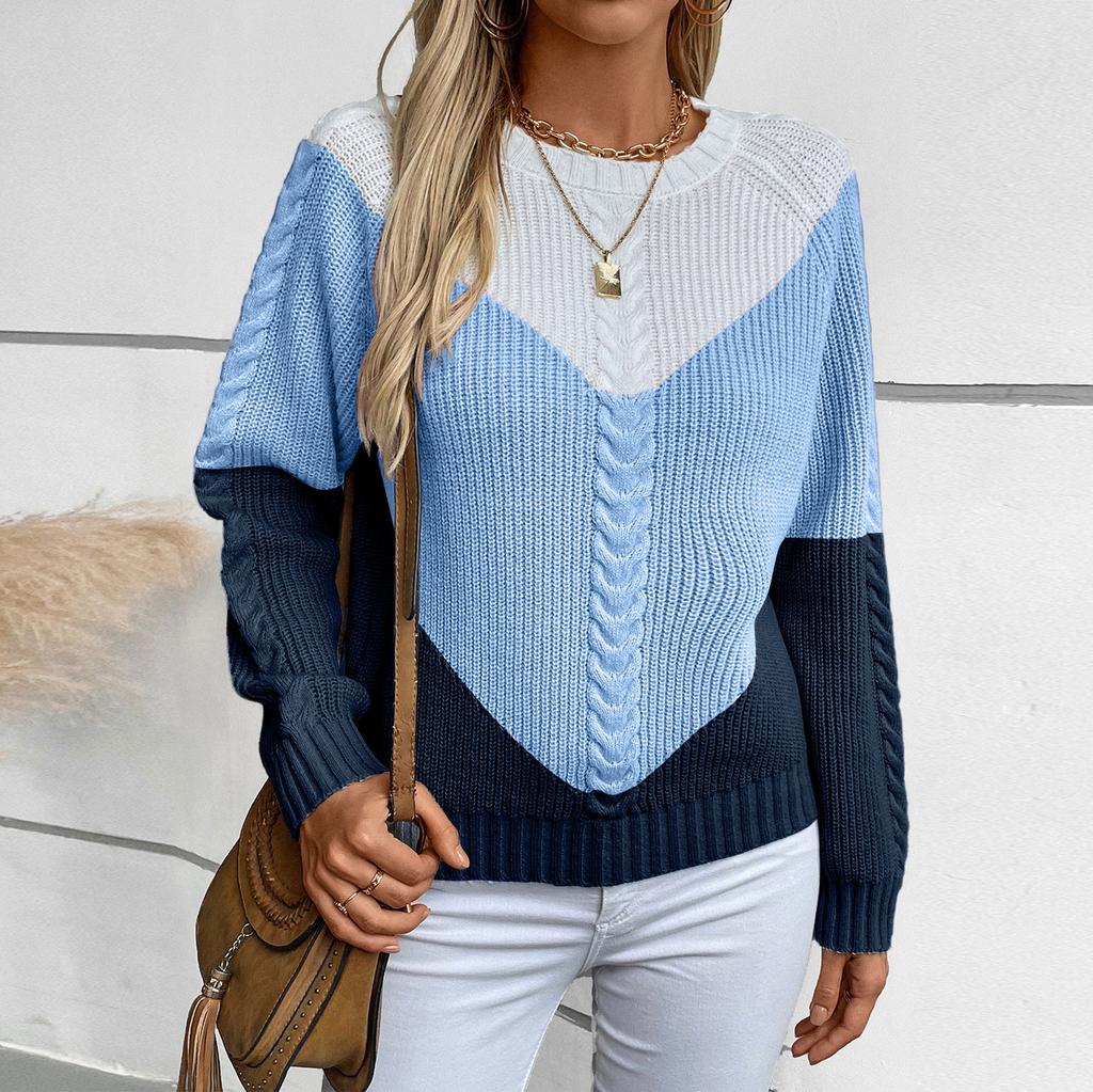 Women's Fashion Casual Round Neck Long Sleeve Comfortable Contrast Color Cable Knit Women's Pullover Loose Sweater