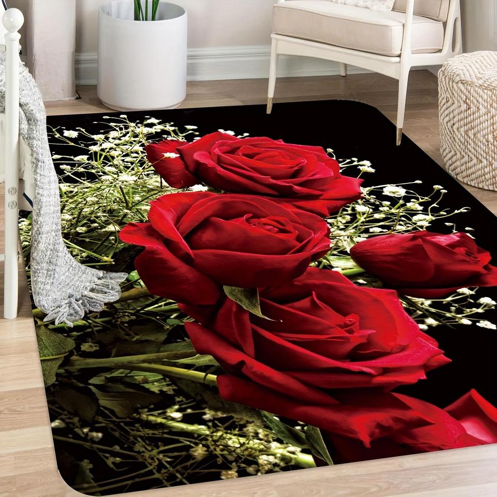 1Pcs Rose Pattern Floor Mat Modern Kitchen Polyester Rug Non-Slip Colorful Indoor Carpet, For Home Bathroom Bedroom Living Room Decor
