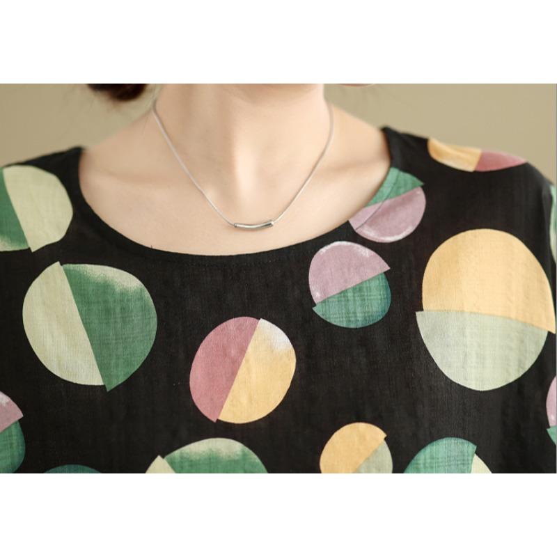 DIMANAF 2025 Весенняя футболка больших размеров Женская с принтом Рукав «летучая мышь» Горошек Винтажный Свободный топ Повседневный