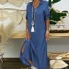 Women Casual Solid Denim Dress V-Neck Roll Sleeve Button Loose Long Dress