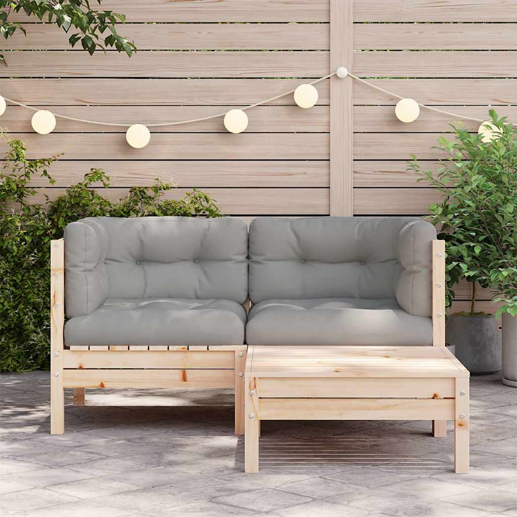 3 Piece Garden Lounge Set with Grey Cushions Solid Pine Wood