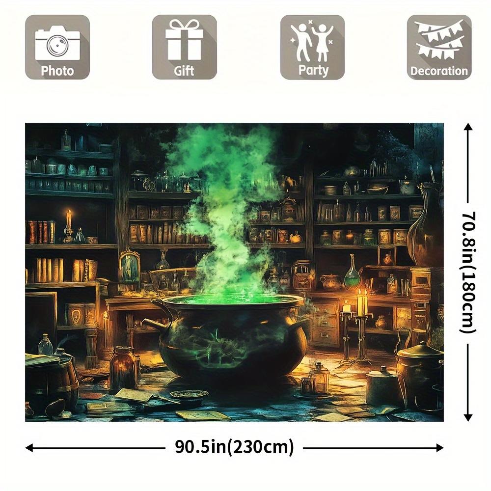 1pc Magic Witch's kitchen background, magic pot, bookshelf and room theme - Durable polyester winter party