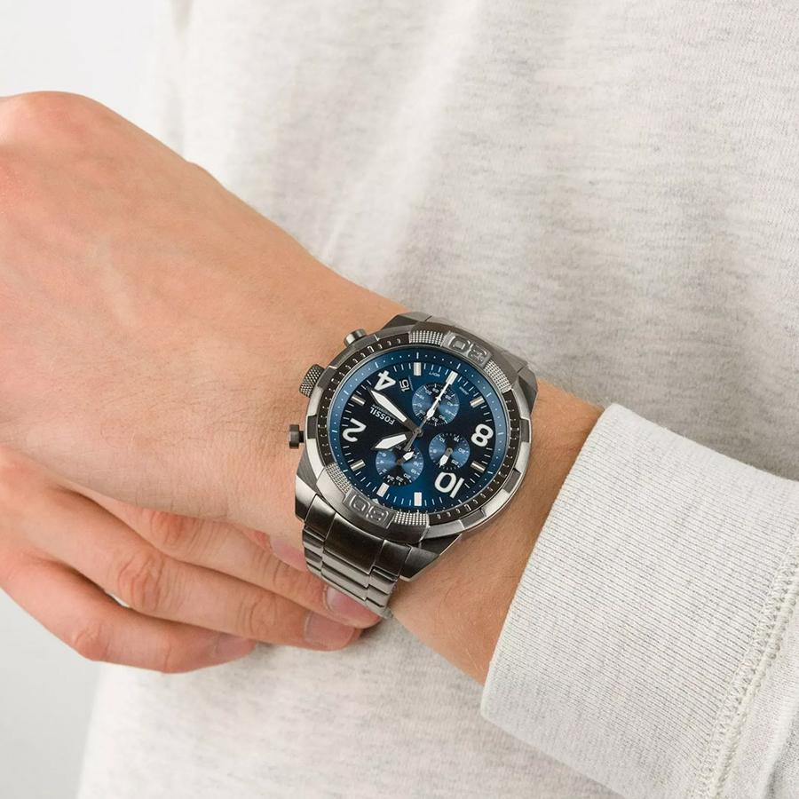 Fossil Мужские часы-хронограф Bronson с синим циферблатом и серым стальным ремешком - FS5711