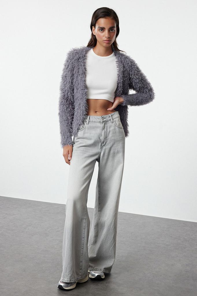 Women's Fashionable Stylish Cardigan Stone Soft Textured Furry Coat Look Knitwear Cardigan