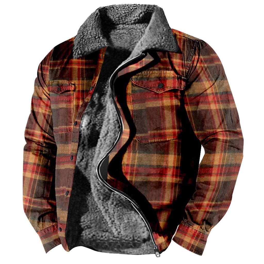 Men's Plaid Print Fleece Thickened Coat Jacket Men's Casual Fashion Warm Coat