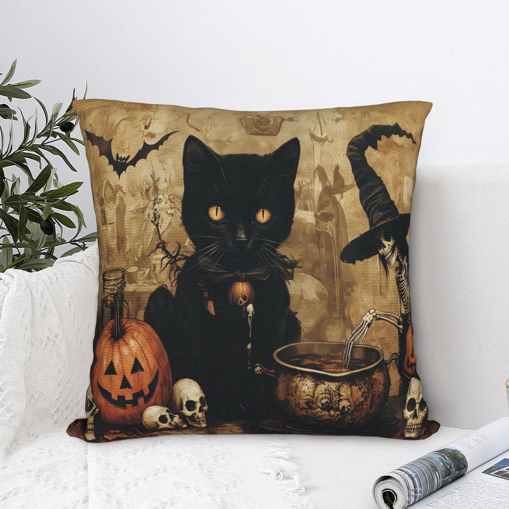 Halloween Black Cats Square Pillow Case Witchy Kitty Cushion Covers Creative Zipper Decorative Pillowcase for Home 40x40cm