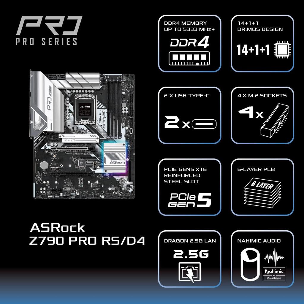 Asrock Motherboard Z790 Pro Compatible with Intel 12th and 13th Generation CPU Z790 Chipset DDR4 ATX Motherboard Authorized Distributor RS/D4