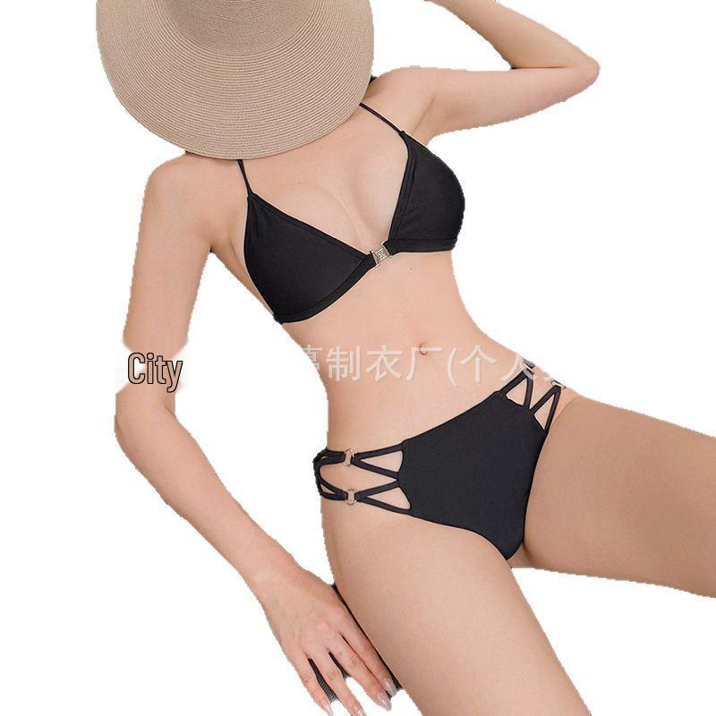 European & American Sexy Strappy Split Swimsuit: Low Waist Tummy Control Push-Up Bikini for Small Chests, Perfect for Beach Vacations.