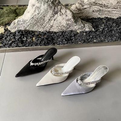 Мода Новый Стиль Женские Черные Туфли-Мюли на Каблуке с Стразами для Женщин Элегантные Блестящие Сандалии Шлепанцы Женские Сексуальные Туфли-Лодочки на Высоком Каблуке Слингбэки