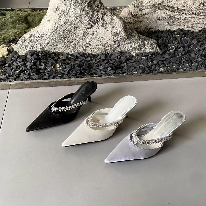 Fashion New Style Fashion Rhinestones Heeled Mules Pump for Women Elegant Sparkly Sandals Slippers Women's Sexy High Heels Slingbacks