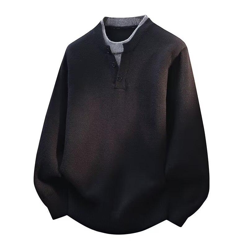 Fake Two Piece V Neck Button Knit Sweater Men Lazy Luxury Autumn Winter