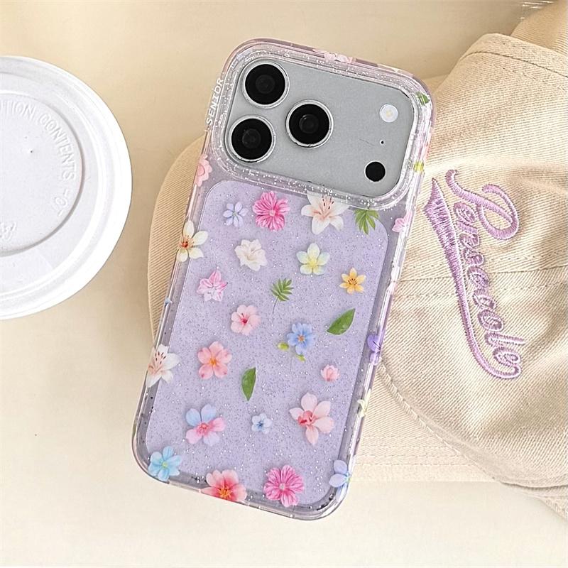 Милый Кавайный Фиолетовый Блестящий Цветочный Чехол для Телефона iPhone 17 16 15 14 Pro Max Пастельный Цветочный Принт Защитная Крышка для Девочек