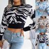 Women's Jumpers Knitted Sweatshirt Sexy Crew Neck Cropped Sweaters Tiger Stripes Long Sleeve Knit Crop Tops Pullover