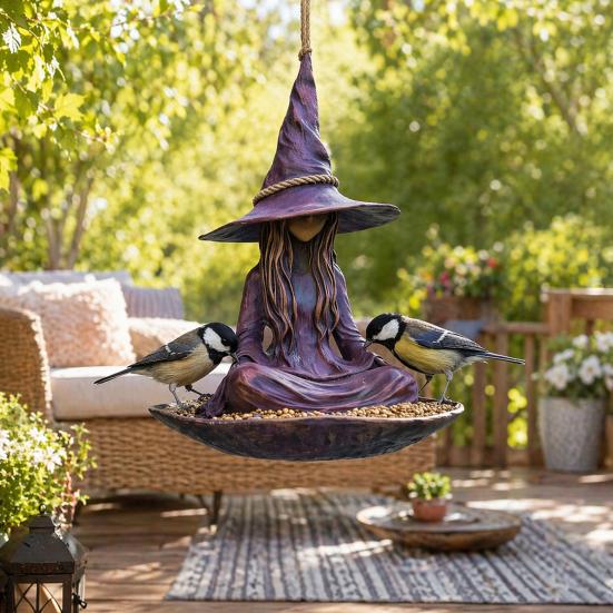 Meditating Witch Garden Bird Feeder Purple Hat Witch Wild Bird Seeds Tray