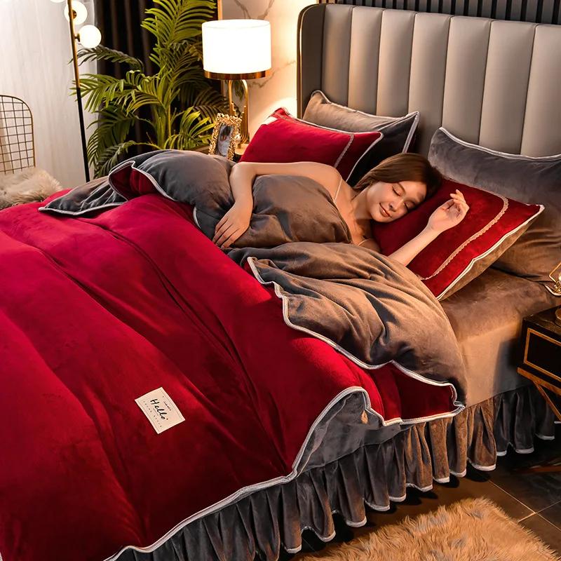 Зимний костюм-четверка из кораллового бархата с двухсторонним утолщением из бархата Falai, фланель молочного бархата, постельное белье, пододеяльник, юбка для кровати
