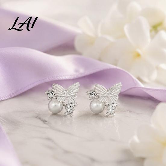 Dainty Gold Tone Earrings 1 Pair Butterfly Stud for Women Sparkly Rhinestone Faux Pearl Lightweight Earrings Glitter Cubic Zirconia Jewelry