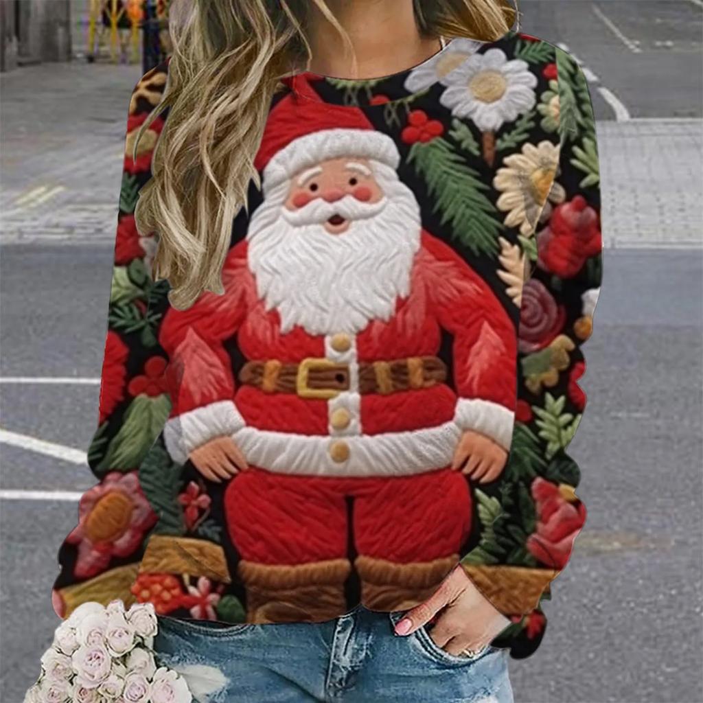 Рождественская женская толстовка с круглым вырезом, с длинным рукавом, свободная, повседневная, с милым рисунком Санта-Клауса, с забавным рисунком, с принтом