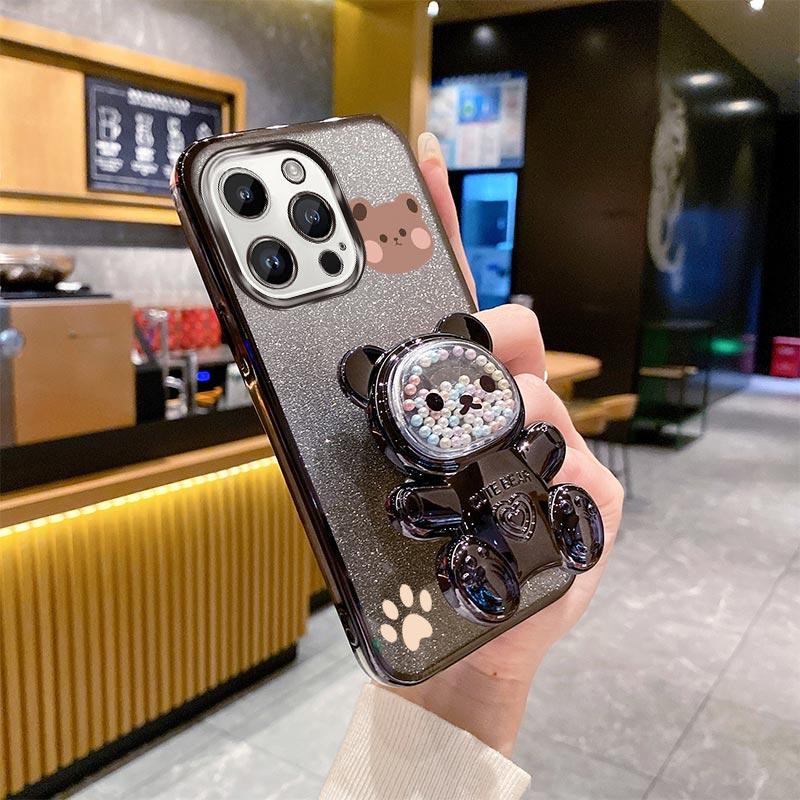 15Pro 14Pro Glitter Bling Bear Phone Holder Case For iPhone 15 14 13 12 11 Xs Pro Max Mini X XR Apple 6 6s 7 8 Plus Stand Cover