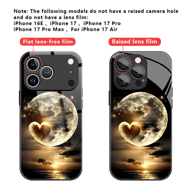 Закаленное стекло чехол для телефона для iPhone 17  16  15  14  13  12  11pm Pro Plus. Художественный дизайн луны в форме сердца.