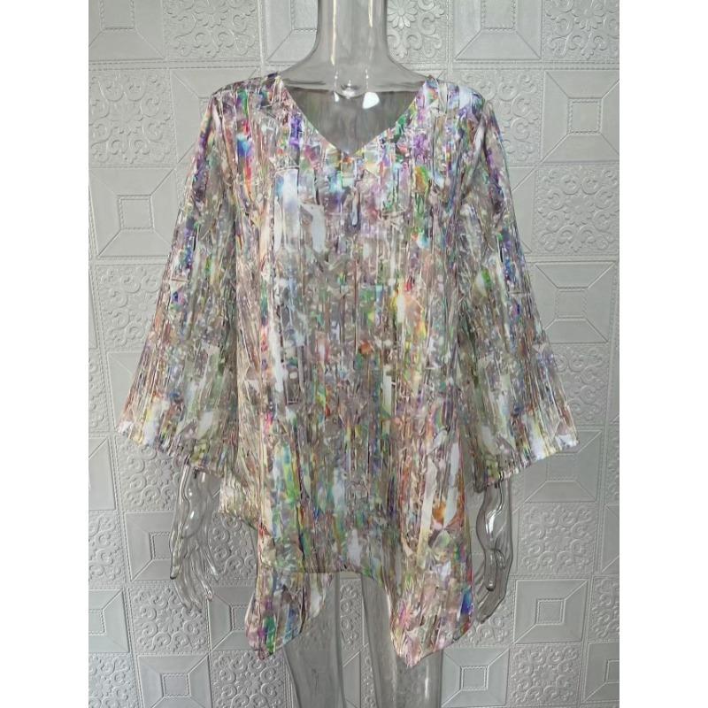 Весна Лето V-образный вырез Принт Мода Женская Блузка Новая Повседневная Свободная Необычная Топ Футболка Большого Размера Простая Элегантная Офисная Рубашка Женская Одежда