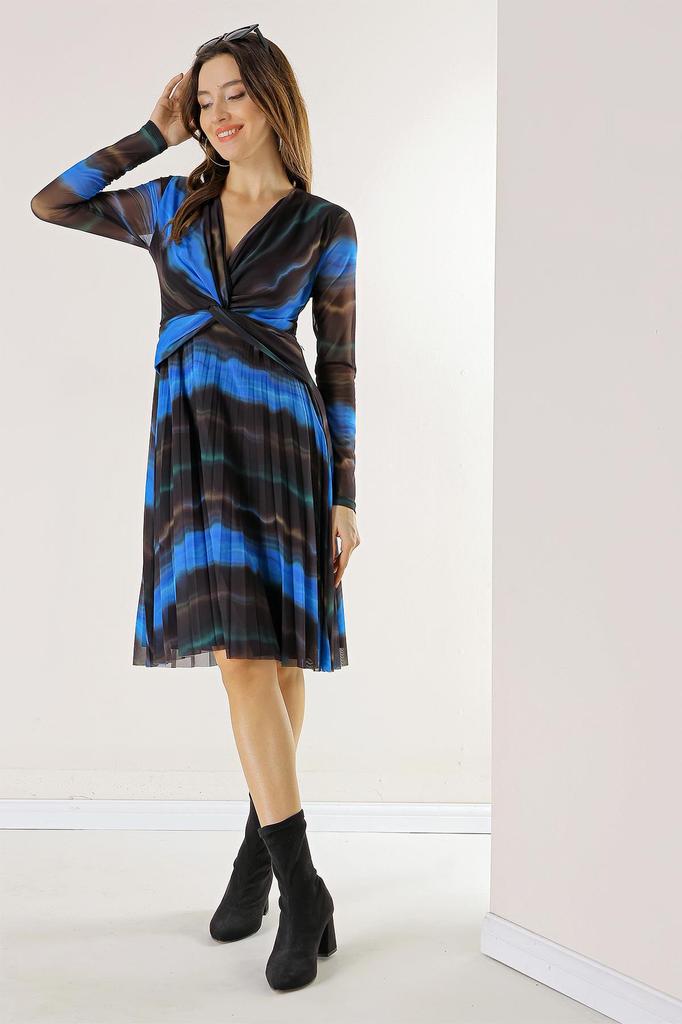 Двубортное платье из тюля с завязками на подкладке и волнистым узором спереди, плиссированное платье из тюля