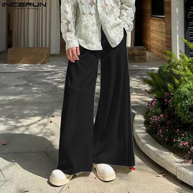 INCERUN Men Casual Zipper Waist Side Ruffled Casual Long Wide Leg Pants Trousers