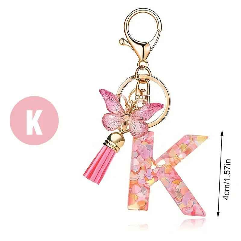 A-Z Dreamy Letters Keychain for Women Tassels Butterfly Pendant Initial Keyrings Purse Suspension Bags Car Key Chain Pink