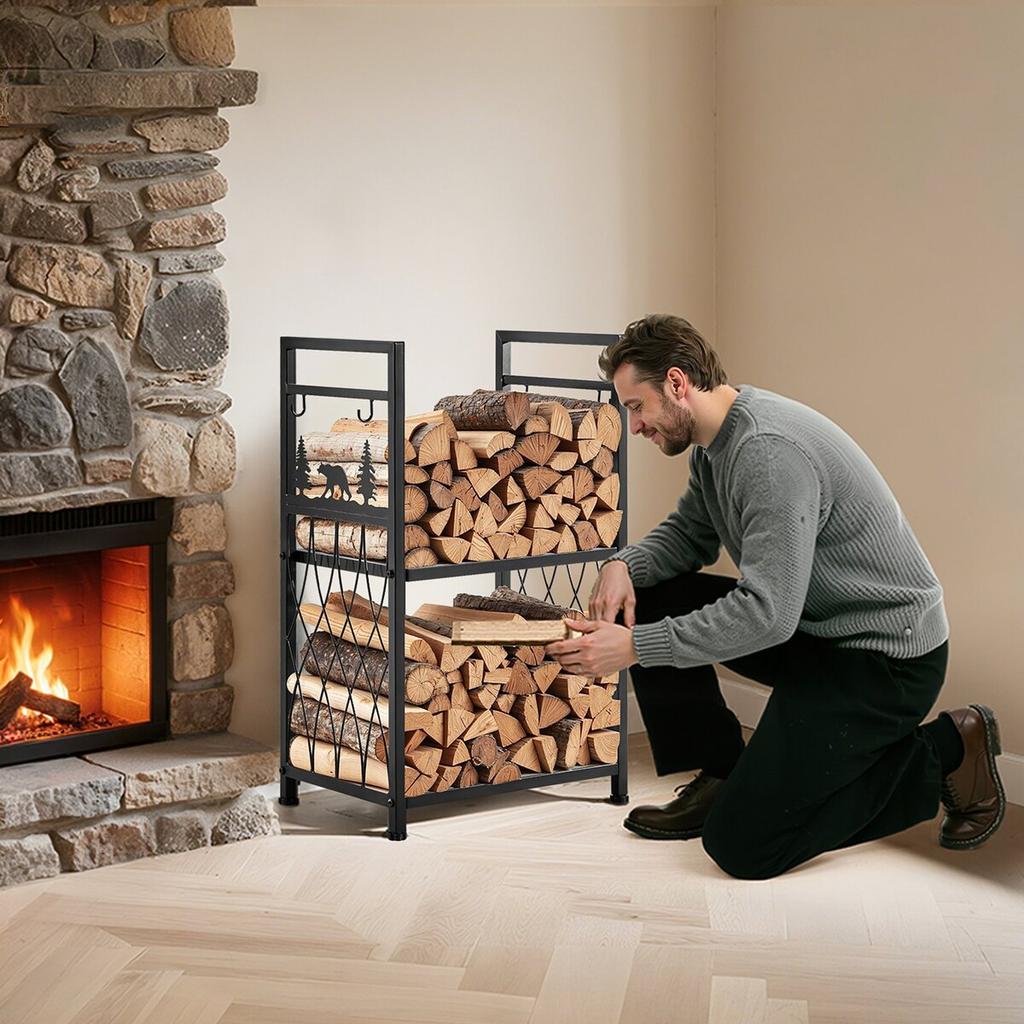 Indoor Firewood Rack, 45.5cm 2-Tier Firewood Holder with Fireplace Tools, Brush, Shovel, Poker, Tongs, Heavy Duty Log Wood Rack, 400 lbs Weight