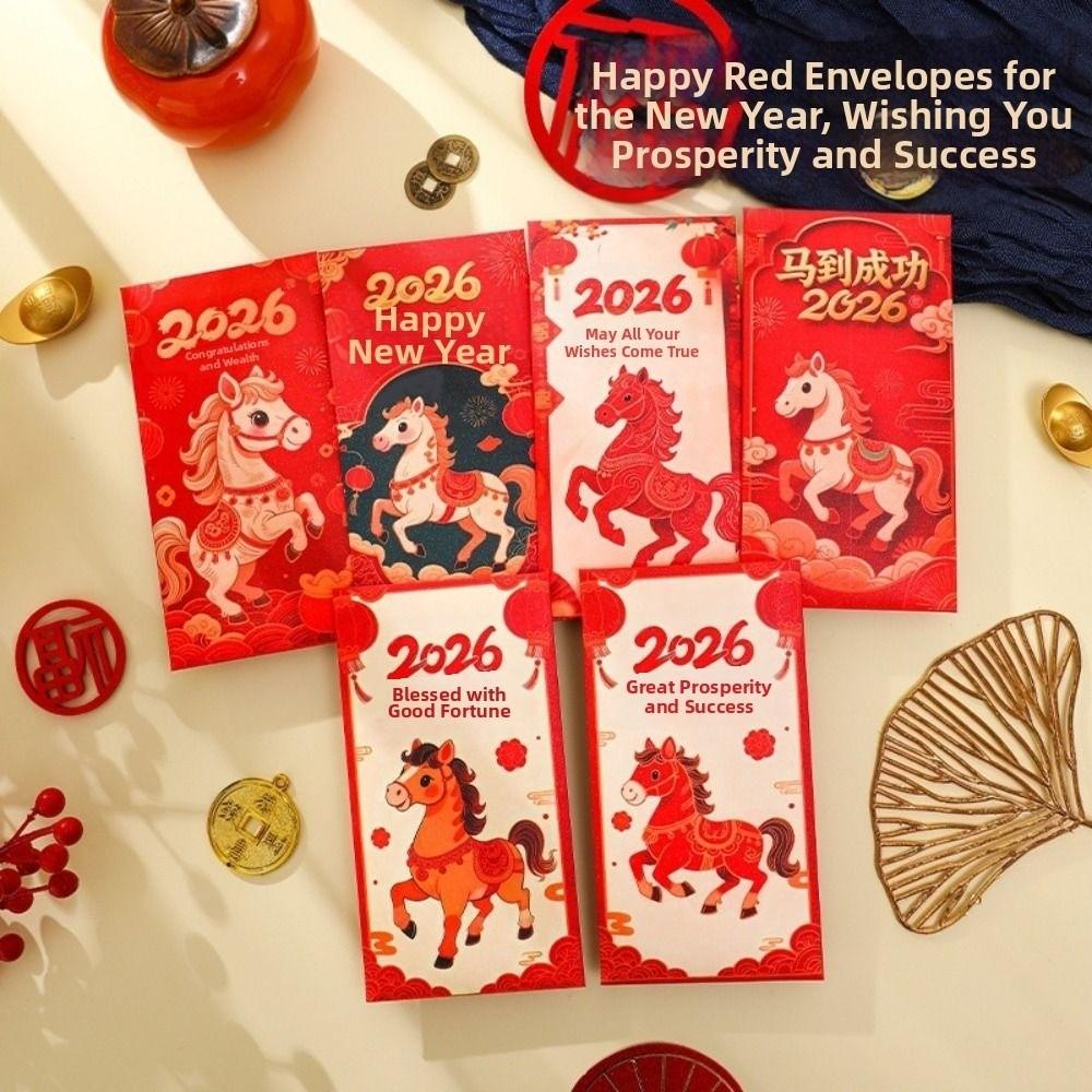 6Pcs/Set Cute 2026 Horse Year Red Envelope Traditional Paper Blessings Printing The Year of The Horse Money Envelope Red Packet