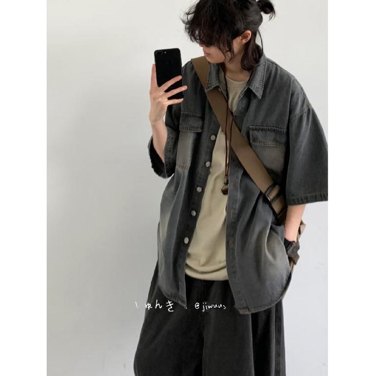 Рубашка с коротким рукавом в стиле ретро из джинсовой ткани, летняя модная мужская и женская марка, японский ретро-тренд с коротким рукавом, классная и свободная рубашка