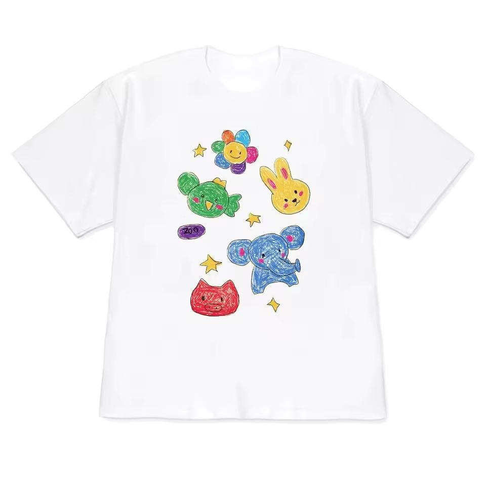 Cute Korean Fashion Crayon Zoo Print T-shirt Versatile Short Sleeve for Women Men Colorful Animals Crew Neck Tee Free Shipping