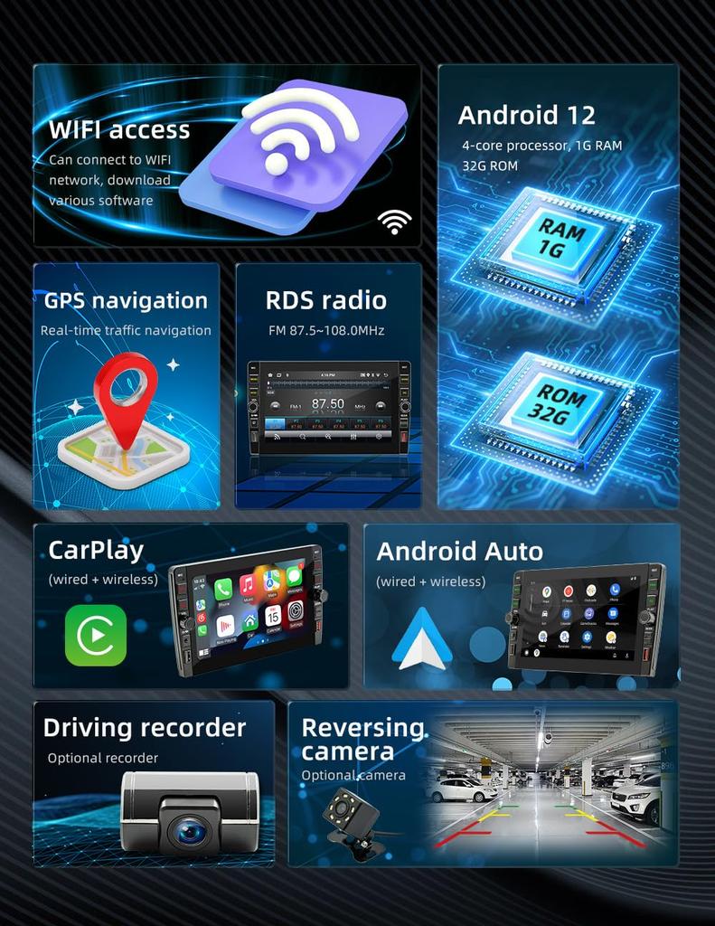 8 Inch Touch Screen Car Radio Audio Player for CarPlay Compatible with AndroidAuto 2DIN Phone Mirror Ring with Support Rear View Camera and External