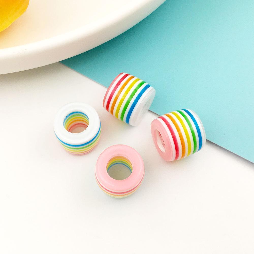10 шт., 8*14 мм, круглые бусины из смолы в полоску с большим отверстием, акриловые семицветные радужные свободные бусины, браслет «сделай сам», интервальные бусины