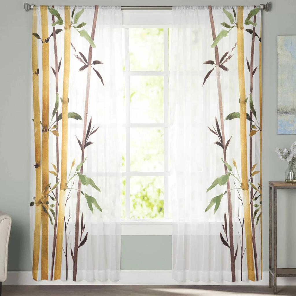 Bamboo Watercolor Painting Tulle Curtains For Living Room Bedroom Voile Curtain Home Decoration Sheer Balcony Door Curtain