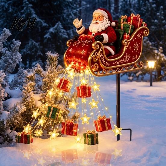 Decorative Christmas Garden Path Markers Santa Sleigh Figurine Light, Solar Powered Stake Outdoor Claus Pathway Decor Pouring Gifts Stars Light