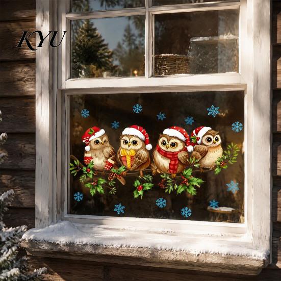 PVC Window Decorations 1/2 Sheets Christmas Cartoon Owl Cling, Standing on Branch Bird Holiday Glass Decals Static Sticker, Removable Waterproof