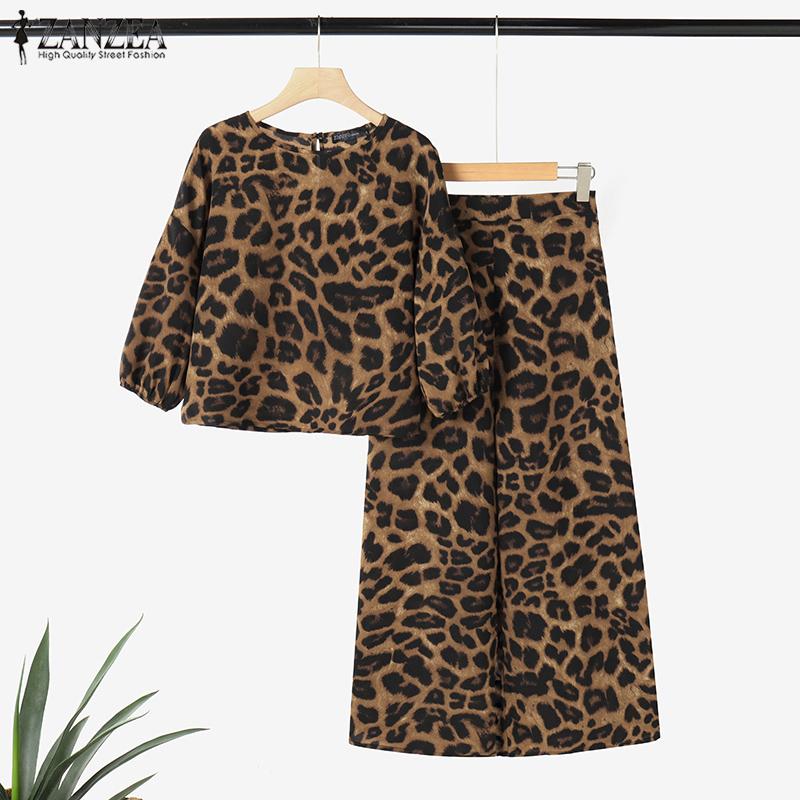 ZANZEA Женская блузка и брюки, повседневный комплект из двух предметов с леопардовым принтом