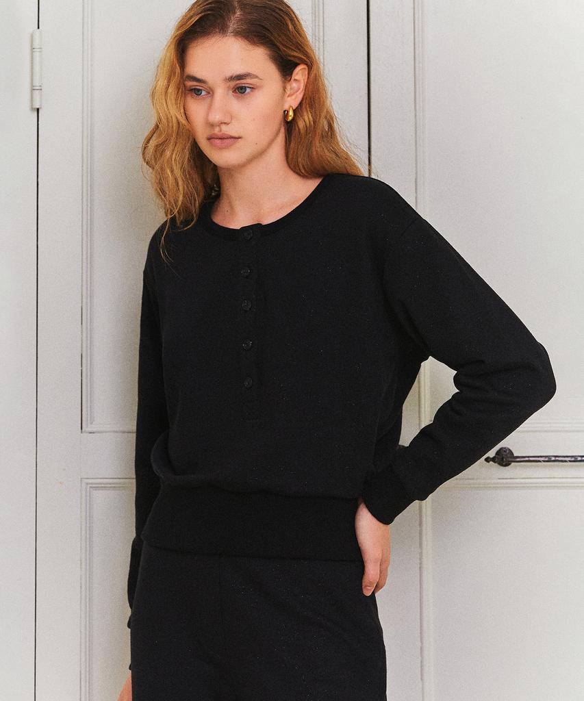 LETTRE DE LE TOILE Henley Neck Glitter Sweatshirt (Black)
