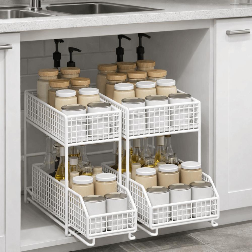 Iron 2 Tier Storage Basket Stable Frame Sliding Cabinet Basket Cabinet Organizer for Kitchen