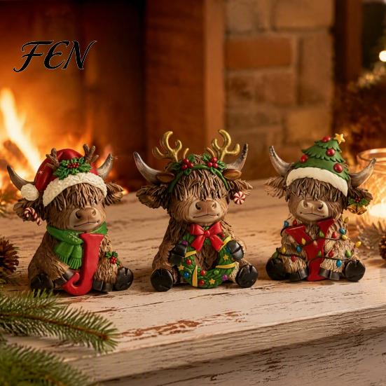 Artistic Desktop Decorations 3Pcs Christmas Highland Cow Figurine, Resin Yak Statues with JOY Letter Sign, Ornaments for Home Decor Farmhouse Tabletop