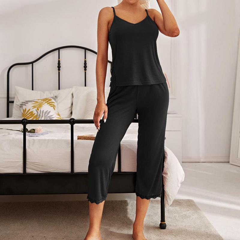 Пижамные женские летние сексуальные брюки на подтяжках с кружевными краями, комплект из двух предметов для женской домашней одежды