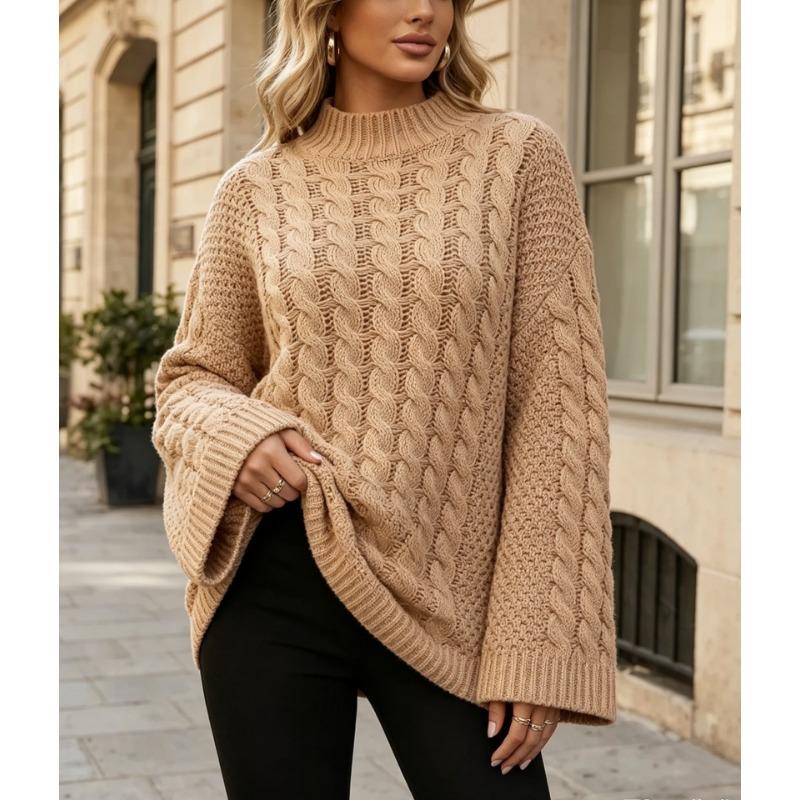 Women S Half Turtleneck Twist Knit Sweater Loose Fit Long Sleeve Solid Color Lazy Style