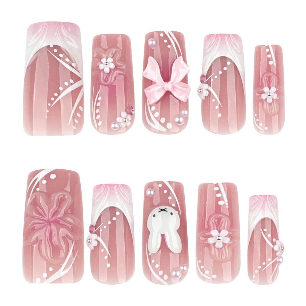 3D цветочные носимые ногти - Милый кролик с бантом, накладной дизайн ногтей.