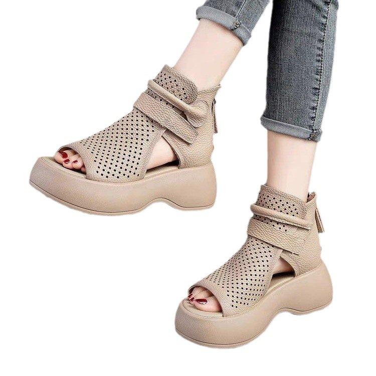 2025 foreign trade large size spring and summer new fish mouth hollow boots thick-soled wedge sandals rear zipper waterproof table breathable and cool